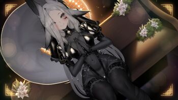 1girl animal_ears black_thighhighs blush bodystocking breasts closed_mouth commentary covered_navel dyarikku_(vtuber) english_commentary facial_mark flower grey_eyes grey_hair indie_virtual_youtuber long_hair navel own_hands_together sitting smile solo tail thighhighs thighhighs_over_bodystocking virtual_youtuber white_flower yumiyumiworks