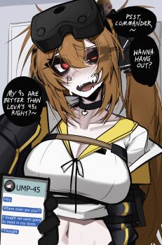 1girl ace_glitch black_choker black_ribbon blush breasts brown_hair cellphone chat_log choker cleavage collarbone commander_(girls&#039;_frontline) commentary cropped_shirt double-parted_bangs english_commentary english_text girls&#039;_frontline girls&#039;_frontline_2:_exilium hair_between_eyes head-mounted_display heart heart_choker highres holding holding_phone kasane_teto large_breasts lenna_(girls&#039;_frontline_2) leva_(girls&#039;_frontline_2) long_hair looking_at_viewer midriff navel open_mouth pearto phone pov pov_hands ribbon shirt smartphone smile solo speech_bubble sweat talking teeth twintails typo ump45_(girls&#039;_frontline) ump9_(girls&#039;_frontline) upper_body utau white_shirt
