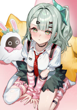 1girl :t absurdres arm_warmers bandaid bandaid_hair_ornament bangboo_(zenless_zone_zero) black_skirt blush closed_mouth green_eyes green_hair hair_ornament highres leg_warmers long_hair looking_at_viewer multicolored_leg_warmers multiple_hair_clips multiple_thigh_straps nail_polish necktie pink_arm_warmers pink_leg_warmers pout red_necktie shirt short_sleeves side_ponytail sitting skirt smilesmile1312 solo striped_arm_warmers striped_leg_warmers sunna_(zenless_zone_zero) thigh_strap two-tone_leg_warmers v-shaped_eyebrows v_arms wariza white_shirt y2k_fashion zenless_zone_zero