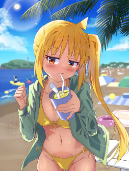 1girl absurdres ahoge beach bikini blonde_hair blush bocchi_the_rock! breasts green_jacket highres ijichi_nijika jacket lemonade long_hair open_clothes open_jacket side_ponytail summer swimsuit tagme vbpicture yellow_bikini