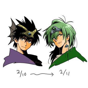 Rule 34 | 2boys, black hair, blue eyes, circlet, cloak, closed mouth, commentary request, cowlick, cropped torso, d d work, dated, dragon quest, dragon quest iii, dragon quest iv, earrings, forehead protector, green cloak, green eyes, green hair, hair between eyes, hero (dq3), hero (dq4), highres, jewelry, long hair, male focus, multiple boys, purple cloak, roto (dq3), shared clothes, short hair, single earring, slime (dragon quest), twitter username, white background, winged headwear