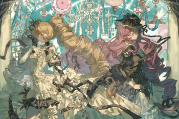 2girls black_bow black_dress blonde_hair blue_eyes blue_ribbon blunt_bangs bow candle chandelier choker cowboy_shot curtains dress drill_hair elbow_gloves expressionless frills gloves gongye_feishui grey_eyes hair_ornament juliet_sleeves long_hair long_sleeves looking_at_viewer multiple_girls original pink_hair pointy_ears puffy_sleeves ribbon sample_watermark sidelocks twin_drills two-tone_dress watermark white_dress white_gloves white_ribbon