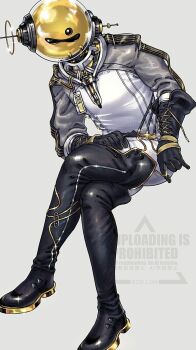 Rule 34 | 1boy, black boots, black gloves, boots, crossed legs, dutch angle, ferrofluid, fishbowl helmet, full body, gloves, hand on own leg, highres, i (220 i 284), id card, invisible chair, jumpsuit, male focus, object head, reverse:1999, sitting, solo, thigh boots, ulrich (reverse:1999), watermark, white background, white jumpsuit