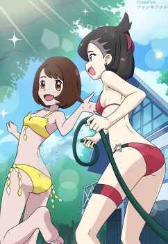 2girls absurdres alternate_costume aqua_eyes armpit_crease artist_name ass asymmetrical_bangs back barefoot bikini black_hair blue_sky breasts brown_eyes brown_hair child collarbone curled_fingers day earrings eyelashes fankifalu feet feet_up female_focus from_behind gloria_(pokemon) gluteal_fold groin hair_ornament hands_up happy highres holding holding_hose hose house japanese_text jewelry kneepits laughing leaning_forward legs light_blush long_hair looking_at_another looking_back marnie_(pokemon) matching_hair/eyes median_furrow medium_hair midriff multiple_girls multiple_views neck nintendo no_headwear o-ring o-ring_bikini open_hand open_mouth outdoors pale_skin pink_bikini playing pokemon pokemon_swsh profile running shoulder_blades sideboob sidelocks sky small_breasts smile soles sparkle standing stomach stud_earrings summer sunlight swept_bangs swimsuit thigh_strap thighs toes tree turnaround twintails undercut water yellow_bikini
