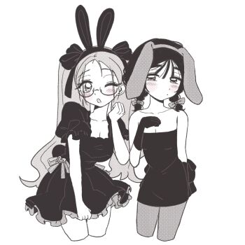 2girls alien_stage animal_ears bow braid coldmeow commentary cosplay costume_switch cropped_legs dress fake_animal_ears gloves greyscale hair_bow highres mizi_(alien_stage) monochrome multiple_girls multiple_hair_bows official_alternate_costume pantyhose puffy_short_sleeves puffy_sleeves rabbit_ears short_sleeves strapless strapless_dress sua_(alien_stage) symbol-only_commentary twin_braids two_side_up