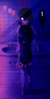 1girl absurdres arm_at_side bathroom black_hair black_sweater_vest brown_skirt closed_mouth drawer film_grain from_behind full_body genderswap genderswap_(mtf) hair_over_one_eye hand_up highres kneehighs looking_at_mirror makucrp medium_hair miniskirt mirror no_shoes noose official_alternate_eye_color omori pleated_skirt purple_theme reflection shirt short_sleeves sink skirt socks something_(omori) standing straight-on sunny_(omori) sweat sweater_vest tile_wall tiles white_eyes white_shirt white_socks