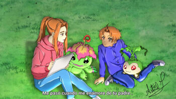astricita25 claws digimon grass leaf looking_at_another mother_and_child mother_and_son palmon sharp_teeth tachikawa_mimi tachikawa_mimi's_son tanemon teeth