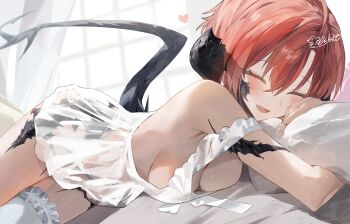 1girl absurdres au_ra breasts dragon_girl dragon_horns dragon_tail dress final_fantasy final_fantasy_xiv heart highres horns hugging_object lying medium_breasts on_bed on_stomach pillow red_hair scales see-through_clothes see-through_dress shikina_(mochigushi_) short_hair single_thighhigh solo tail thighhighs warrior_of_light_(ff14) white_dress white_thighhighs