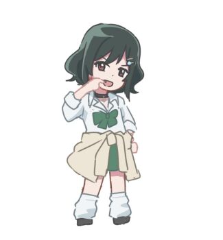 Rule 34 | 1girl, :d, black choker, black shoes, bow, bowtie, brown cardigan, cardigan, cardigan around waist, choker, clothes around waist, collared shirt, commentary request, deformed, dress shirt, fang, finger in own mouth, flipped hair, full body, green bow, green bowtie, green hair, green skirt, gyaru, gyarugasaki, hair ornament, hairclip, kogal, looking at viewer, loose socks, love live!, love live! nijigasaki high school idol club, medium hair, mifune shioriko, official alternate costume, open mouth, parallel hairclips, red eyes, school uniform, shirt, shoes, sidelocks, simple background, skirt, sleeves rolled up, smile, socks, solo, standing, taiyakippassion, three-quarter sleeves, white background, white shirt, white socks