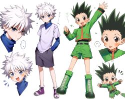 Rule 34 | ..., 2boys, absurdres, arm up, aruminsuko, black hair, black shorts, blue eyes, boots, brown eyes, character name, chibi, clenched hand, closed mouth, gon freecss, green footwear, green shorts, hair between eyes, hands in pockets, heart, highres, hunter x hunter, jacket, killua zoldyck, layered sleeves, long sleeves, male focus, multiple boys, multiple views, open mouth, purple footwear, shirt, shoes, shorts, simple background, spiked hair, spoken ellipsis, tongue, tongue out, turtleneck, white background, white hair