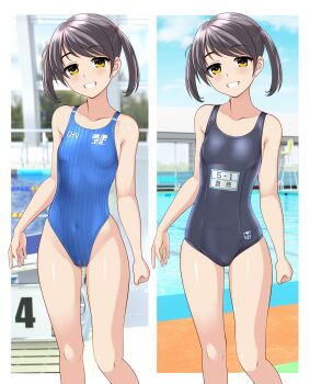 1girl absurdres black_hair black_one-piece_swimsuit blue_one-piece_swimsuit blue_sky breasts brown_eyes cameltoe cloud commentary_request covered_navel day feet_out_of_frame highleg highleg_one-piece_swimsuit highres indoors multiple_views name_tag new_school_swimsuit one-piece_swimsuit original outdoors parted_lips pool school_swimsuit sky small_breasts smile split_theme starting_block striped_clothes striped_one-piece_swimsuit swept_bangs swimsuit takafumi variant_set