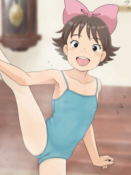 1girl :d ballet black_eyes blue_leotard blurry blurry_background bow brown_hair cameltoe clock flying_sweatdrops gake_no_ue_no_ponyo indoors kumiko_(ponyo) leotard loli mizukane open_mouth pink_bow short_hair smile solo split standing standing_on_one_leg standing_split