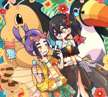 Rule 34 | 1boy, 1girl, alternate costume, bag, bikini, black bikini, black hair, brother and sister, carmine (pokemon), commentary request, crossed bangs, double popsicle, dragonite, eyewear on head, floral print, flower, food, furret, gen 1 pokemon, gen 2 pokemon, gen 3 pokemon, gen 5 pokemon, gen 7 pokemon, hair between eyes, hawaiian shirt, hibiscus, highres, holding, holding food, holding popsicle, kieran (pokemon), midriff, mole, mole on neck, mole under eye, nail polish, nintendo, open mouth, orange nails, pink flower, pokemon, pokemon (creature), pokemon sv, poochyena, popsicle, purple hair, red flower, sarong, shirt, siblings, side ponytail, swimsuit, tacho baby, toucannon, vanillite, yellow bag, yellow eyes, yellow flower