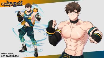Rule 34 | 1boy, abs, animal, animal on shoulder, arm strap, artist name, asymmetrical gloves, bandaged arm, bandages, bandaid, bandaid on face, bandaid on nose, black choker, black gloves, black shoes, blackkdogg, bracelet, brown eyes, brown hair, character name, choker, commission, elbow gloves, fangs, fighting stance, fingerless gloves, frog, gloves, green hoodie, green shorts, hands up, hood, hoodie, indie virtual youtuber, jewelry, kiro (kirostyle), large pectorals, looking at viewer, male focus, multiple views, muscular, muscular male, navel, nipples, open mouth, pants, pectoral cleavage, pectorals, shoes, short hair, shorts, sideless outfit, single elbow glove, smile, spiked hair, teeth, tight clothes, tight pants, topless male, uneven gloves, virtual youtuber
