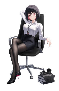 1girl arm_up black_hair black_nails black_pantyhose black_shoes black_skirt book book_stack chair closed_mouth collared_shirt colored_inner_hair commentary_request crossed_legs cup disposable_cup fingernails high_heels highres id_card lanyard looking_at_viewer mhru multicolored_hair nail_polish office_chair on_chair original paid_reward_available pantyhose pink_eyes pink_hair shirt shirt_tucked_in shoes short_hair sidelocks simple_background skirt smile solo swivel_chair white_background white_shirt
