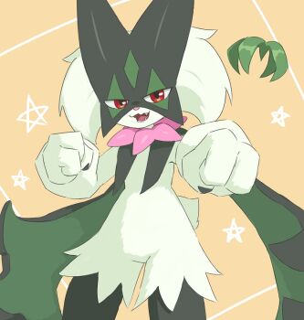 cape fist furry green_fur green_hair looking_at_viewer mask meowscarada nintendo open_mouth pokemon pokemon_(creature) red_eyes smile solo standing tail ylit_shalmon2