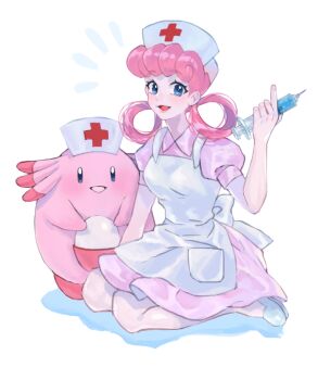 1girl blue_eyes cross delivery_(pixiv23805551) dress hat holding holding_syringe joy_(pokemon) kneeling looking_at_viewer nintendo nurse nurse_cap pinafore_dress pink_hair pokemon pokemon_(creature) red_cross sleeveless sleeveless_dress syringe