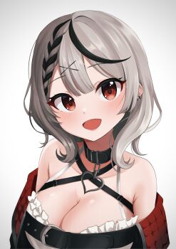 1girl absurdres armpit_crease bare_shoulders black_collar black_streaks blush braid breasts camisole cleavage collar collarbone commentary_request double-parted_bangs frilled_camisole frills grey_hair hair_between_eyes hair_ornament heart_collar highres hololive large_breasts looking_at_viewer medium_hair multicolored_hair off_shoulder open_mouth ramkilog red_eyes sakamata_chloe sakamata_chloe_(1st_costume) simple_background single_braid smile solo streaked_hair upper_body virtual_youtuber white_background white_camisole x_hair_ornament
