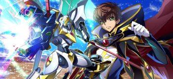 1boy black_cape brown_hair cape code_geass code_geass:_lost_stories energy_gun f4samurai flying game_cg gloves green_eyes highres holding holding_sword holding_weapon knightmare_frame kururugi_suzaku lancelot_(code_geass) lancelot_albion mecha official_art robot short_hair solo sword weapon white_gloves