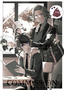 &gt;_&lt; 2boys absurdres ahoge alternate_costume anger_vein aotsuki_eito armband bag blob blue_eyes book border chair character_print chinese_commentary collared_shirt commentary_request commission desk eraser flying_sweatdrops frown glasses googly_eyes greyscale grin heart highres holding holding_book holding_manga hood hoodie image_in_speech_bubble image_in_thought_bubble indoors jacket jacket_over_hoodie kiss light_blush looking_at_another male_focus manga_(object) monochrome monokuma multicolored_hair multiple_boys necktie on_chair outside_border pencil purple_eyes red_pupils ringed_eyes sample_watermark school_bag school_desk shirt short_hair smile speech_bubble spot_color streaked_hair sumino_takumi sususan38758 sweatdrop sweater_vest the_hundred_line_-last_defense_academy- thought_bubble watermark window