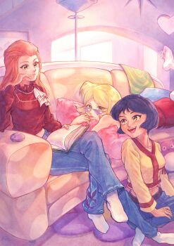 Rule 34 | 3girls, absurdres, alex (totally spies!), animification, black hair, blonde hair, blue eyes, book, clover (totally spies!), compowder, dark-skinned female, dark skin, green eyes, heart, highres, holding, holding book, jean jdw, lying, multiple girls, no shoes, on stomach, orange hair, reading, sam (totally spies!), short hair, smile, socks, sunglasses, totally spies!, yellow eyes