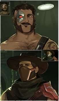 2boys ? bara confused dark-skinned_male dark_skin derivative_work erron_black eye_mask facial_hair game_screenshot_inset hairy half_mask happy_aura kano_(mortal_kombat) large_pectorals male_focus mask mature_male mortal_kombat_(series) mortal_kombat_x mouth_mask multiple_boys muscular muscular_male mustache mutton_chops pectorals portrait screenshot_redraw short_hair split_screen thick_chest_hair thick_eyebrows thick_mustache upper_body ven_(matchavtea)