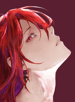 1girl absurdres earrings elizabeth_rose_bloodflame highres hololive hololive_english jewelry kizuru09 looking_at_viewer purple_background red_eyes red_hair simple_background solo virtual_youtuber