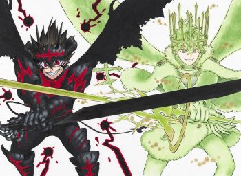 Rule 34 | 2boys, alternate eye color, alternate form, alternate hair color, armor, asta (black clover), black armor, black clover, black hair, black horns, crown, green hair, green jacket, green pants, grin, highres, holding, holding sword, holding weapon, horns, jacket, looking at viewer, multiple boys, official alternate costume, official art, pants, red eyes, sharp teeth, short hair, simple background, smile, sword, tabata yuuki, teeth, weapon, white background, yuno (black clover)