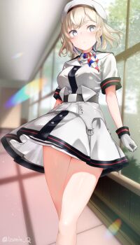 1girl belt beret black_belt blonde_hair blue_hair breasts colored_inner_hair dress gloire_(kancolle) gloves hat highres indoors izumi_kuma kantai_collection looking_at_viewer medium_breasts mole mole_on_neck multicolored_hair neckerchief short_hair short_sleeves solo striped_neckerchief white_dress white_gloves white_hat