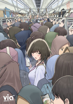 6+girls absurdres arm_up backpack bag black_hair black_hijab blue_hijab blush breasts brown_eyes brown_hair brown_hijab cellphone commentary crowd crowded dated english_commentary green_hijab green_scrunchie grey_hijab hair_ornament hair_scrunchie hand_grip highres hijab holding holding_hand_grip holding_phone long_hair multiple_girls nayla_(yudhacakranidji) original people phone pink_hijab ponytail purple_hijab scrunchie shirt short_hair smartphone subway sweatdrop t-shirt train_interior watch white_shirt wristwatch yudhacakranidji