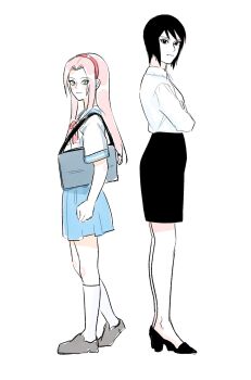 2girls bag black_eyes black_hair black_skirt blue_skirt commentary_request crossed_arms green_eyes hairband haruno_sakura high_heels highres kneehighs korean_commentary may_c medium_skirt miniskirt multiple_girls naruto_(classic) naruto_(series) office_lady pink_hair red_hairband school_bag school_uniform serafuku shizune_(naruto) skirt socks white_socks