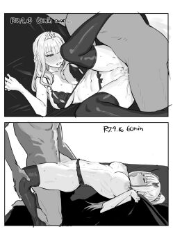 1boy 1girl arched_back bed_sheet black_thighhighs blunt_bangs blush braid breasts censored closed_eyes full-face_blush garter_belt greyscale hair_ornament hairclip half-closed_eyes half_up_braid hand_on_another&#039;s_hip hand_on_another&#039;s_knee heart heart_censor highres large_breasts lifting_person lingerie lize_helesta long_hair lying missionary monochrome multicolored_hair multiple_views navel nijisanji nippleless_clothes nipples official_alternate_hairstyle on_back on_bed on_side open_mouth parted_lips ponytail ponytail_with_braided_base pussy_juice sex sheet_grab sidelocks stomach streaked_hair suisogenshi sweat thighhighs tiara underwear vaginal virtual_youtuber white_background