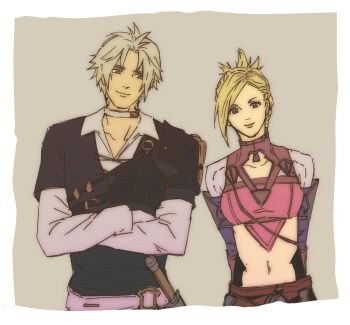 1boy 1girl arms_behind_back black_tunic blonde_hair blue_eyes border braid breasts brown_eyes choker closed_mouth clothing_cutout collared_shirt commentary_request crop_top crossed_arms final_fantasy final_fantasy_xiv grey_background grey_hair korean_commentary light_smile medium_breasts midriff minfilia_warde navel parted_bangs pink_shirt pyshiki shirt short_hair side_braid swept_bangs thancred_waters tunic updo upper_body white_border white_choker white_shirt