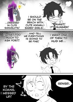 Rule 34 | > <, 1boy, 1girl, absurdres, animal ears, bikini, black bikini, black shorts, blue archive, blue eyes, cawl, grey hair, highres, light bulb, open mouth, sensei (blue archive), shiroko terror (blue archive), shorts, spoken light bulb, swimsuit, tears, wolf ears, wolf girl