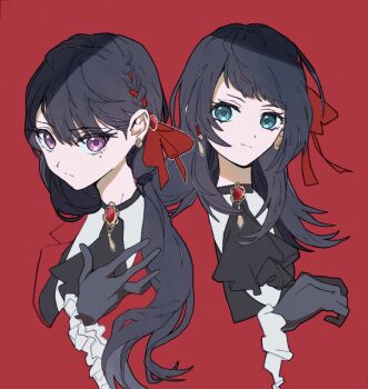 2girls ascot bang_dream! bang_dream!_it's_mygo!!!!! black_ascot black_gloves black_hair blending bloom_into_me15 blue_eyes braid brooch commentary_request earrings gloves hair_ribbon highres jewelry long_hair medium_hair mole mole_under_eye multiple_girls purple_eyes red_background red_ribbon ribbon shade shiina_taki yahata_umiri