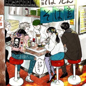 Rule 34 | 1girl, 4boys, absurdly detailed composition, bag on lap, bandana, black bag, black hair, black hoodie, black shoes, blue skirt, blush, bottle, bowl, breath, brown jacket, brown pants, chef, chopsticks, closed eyes, closed mouth, colored skin, commentary, cup, denim, earrings, emamemamo33, fingernails, food, from behind, full body, grey hair, high heels, highres, hood, hoodie, hoop earrings, indoors, iridescent hair, jacket, jeans, jewelry, long hair, long sleeves, menu, multiple boys, nail polish, newspaper, no smoking, noodles, noren, on stool, onigiri, original, pants, pantyhose, patch, pink jacket, plate, ponytail, purple pantyhose, restaurant, sake bottle, scarf, shirt, shoes, short hair, signature, skirt, slice of life, soba, socks, soy sauce, soy sauce bottle, speech bubble, steam, stool, studded jacket, suitcase, sweater, thought bubble, tile floor, tiles, torn clothes, torn pants, translated, turtleneck, white hair, white shirt, white shoes, white skin, white sweater