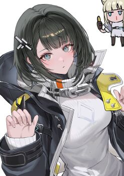 Rule 34 | 2girls, absurdres, arknights, arknights: endfield, black coat, black hair, blue eyes, chibi, coat, commentary, endministrator (arknights), female endministrator (arknights), hair ornament, hairclip, highres, looking at viewer, molyb, multiple girls, open clothes, open coat, pantyhose, perlica (arknights), short hair, simple background, sweater, symbol-only commentary, white background, white sweater