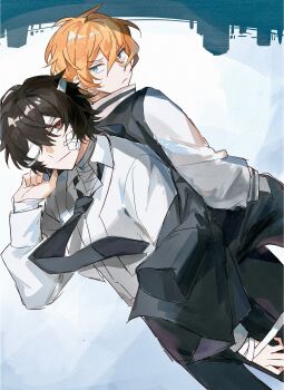 2boys back-to-back bandage_over_one_eye bandaged_arm bandaged_neck bandages black_jacket black_necktie black_pants blue_eyes bungou_stray_dogs closed_mouth collared_shirt dazai_osamu_(bungou_stray_dogs) floating_neckwear gauze gauze_on_cheek hashtag-only_commentary highres holding holding_jacket holding_unworn_clothes jacket looking_at_viewer loose_bandages male_focus multiple_boys nakahara_chuuya_(bungou_stray_dogs) necktie orange_hair pants red_eyes sevenlistening shirt smile suit_jacket unworn_jacket white_shirt