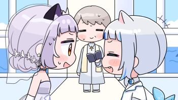 Rule 34 | 1boy, 2girls, = =, blue bow, blue bowtie, blue hair, blue sky, blush stickers, book, bow, bowtie, bride, brown eyes, brown hair, chibi, closed eyes, closed mouth, cloud, collared shirt, cross, day, dress, elbow gloves, facing another, fins, fish tail, gawr gura, gloves, grey dress, grey hair, groom, highres, holding, holding book, hololive, hololive english, indoors, jacket, looking at another, mochimiko, multicolored hair, multiple girls, murasaki shion, open book, priest, robe, shark fin, shark tail, shirt, side ponytail, sky, strapless, strapless dress, streaked hair, sweat, tail, veil, virtual youtuber, wedding dress, white gloves, white jacket, white robe, white shirt, window