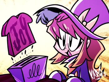 Rule 34 | 1girl, :d, a hat in time, aged up, animal, animal on head, beak, bird, black eyes, bow, bread, bread slice, brown hair, buttons, coat, commentary, countesskaro, crossover, double-breasted, duck, duck on head, english commentary, english text, food, hands on table, hat, hat bow, hat kid, hat ribbon, long hair, long sleeves, looking at food, mallard, marbles (windswept), on head, open mouth, ponytail, purple coat, purple hat, ribbon, scarf, sidelocks, signature, smile, table, toast, toaster, top hat, upper body, windswept (game), yellow background, yellow bow, yellow ribbon, yellow scarf