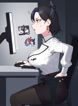 1girl ? arrow_(symbol) black_hair black_pantyhose blue_hair breast_rest breasts chair commentary computer computer_keyboard computer_mouse confused dasdokter demon_horns dress_suit earrings elizabeth_rose_bloodflame english_commentary highres holding_computer_mouse hololive hololive_english horns inconvenient_breasts indoors jewelry large_breasts mole mole_under_eye monitor multicolored_hair nail_polish nerissa_ravencroft nerissa_ravencroft_(casual) office office_chair official_alternate_costume official_alternate_hair_length official_alternate_hairstyle on_chair pantyhose photo_(object) red_eyes red_nails ring shiori_novella shirt short_hair skirt solo spoken_question_mark swivel_chair technical_difficulties virtual_youtuber white_shirt wireless_keyboard wireless_mouse