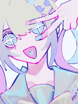 Rule 34 | 1girl, :d, adip0cere, blonde hair, blue eyes, blue hair, blue sailor collar, blunt bangs, chest bow, chouzetsusaikawa tenshi-chan, colored tips, hair between eyes, heart, heart in mouth, looking at viewer, multicolored hair, needy girl overdose, open mouth, pink hair, portrait, quad tails, sailor collar, smile, solo, sparkling eyes, v, v over eye