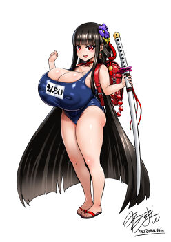 1girl absurdres aged_down anal_beads backpack bag black_hair breasts concept_art covered_erect_nipples flip-flops flower hair_flower hair_ornament highres holding holding_sword holding_weapon huge_breasts inverted_nipples katana kunoichi_enrai last_origin long_hair looking_at_viewer neroma_shin oppai_loli randoseru red_eyes sandals school_swimsuit sex_toy shiny_skin signature skindentation solo swimsuit sword very_long_hair weapon white_background