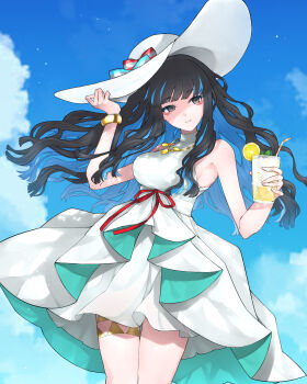 1girl bare_shoulders black_hair blue_hair blue_sky bracelet breasts colored_inner_hair commentary_request cup dress eyeliner fate/grand_order fate_(series) grey_eyes hat hazuki-a highres jewelry large_breasts long_hair looking_at_viewer makeup multicolored_hair necklace revision sidelocks sky smile solo sun_hat tenochtitlan_(fate) tenochtitlan_(swimsuit_mooncancer)_(fate) tenochtitlan_(swimsuit_mooncancer)_(second_ascension)_(fate) thighlet thighs white_dress white_hat