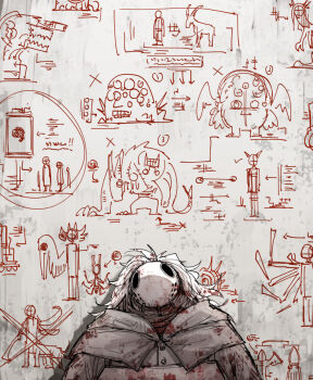 1other against_wall blood blood_in_hair blood_on_clothes blot_plot brown_capelet capelet commentary_request drawing_(object) graffiti kankan33333 karune_(kankan33333) looking_at_viewer mask monster on_wall original plague_doctor_mask straight-on upper_body white_hair