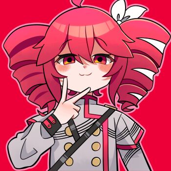 :3 absurdres buttons charuu closed_mouth double-breasted drill_hair grey_jacket hair_ribbon hand_up highres jacket kasane_teto kasane_teto_(sv) long_sleeves looking_at_viewer outline red_background red_eyes red_hair ribbon shoulder_belt straight-on synthesizer_v twin_drills upper_body utau v