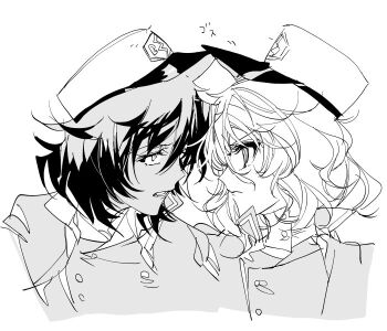 2girls andou_(girls_und_panzer) bc_freedom_military_uniform commentary_request frown girls_und_panzer greyscale hattori_masahiko looking_at_another monochrome multiple_girls open_mouth oshida_(girls_und_panzer) sketch upper_body