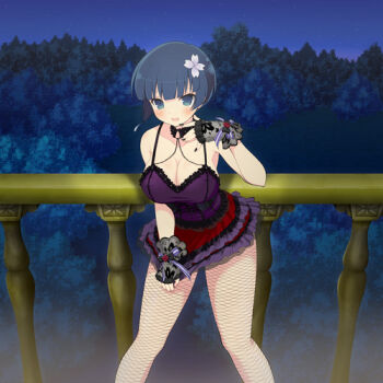 1girl armpit_crease black_choker black_wrist_cuffs blue_eyes blue_hair blunt_bangs blush bowl_cut breasts choker cleavage clothes_pull collarbone dress dress_pull embarrassed fishnet_pantyhose fishnets flower forest hair_flower hair_ornament lace lace_choker large_breasts looking_at_viewer lowres nature night official_art open_mouth pantyhose purple_dress railing senran_kagura senran_kagura_new_wave senran_kagura_shinovi_versus short_dress short_hair sky solo standing star_(sky) starry_sky tree wrist_cuffs yozakura_(senran_kagura)
