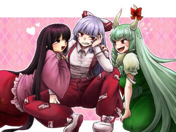 Rule 34 | 3girls, abuo (abuosann), argyle background, arm hug, black hair, blunt bangs, bow, commentary request, dress, ex-keine, flying sweatdrops, fujiwara no mokou, green dress, green hair, grey hair, hair bow, heart, horn bow, horn ornament, horns, houraisan kaguya, kamishirasawa keine, letterboxed, long hair, looking at another, love triangle, multiple girls, outline, pants, pink shirt, red eyes, red pants, red skirt, shirt, sitting, skirt, smile, straight hair, suspender pants, sweatdrop, touhou, very long hair, white outline, white shirt, yuri