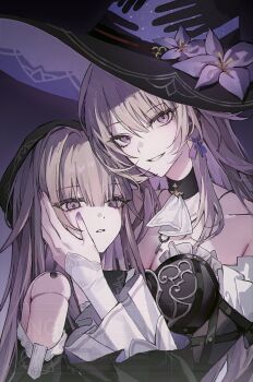 2girls absurdres bccch123 beret black_choker black_dress black_hat brown_hair choker commentary_request doll_joints dress dual_persona flower hand_on_another's_face hat hat_flower herta_(honkai:_star_rail) herta_(puppet)_(honkai:_star_rail) highres honkai:_star_rail honkai_(series) joints korean_commentary long_hair looking_at_viewer multiple_girls off-shoulder_dress off_shoulder parted_lips purple_eyes purple_flower purple_nails the_herta_(honkai:_star_rail) upper_body witch_hat